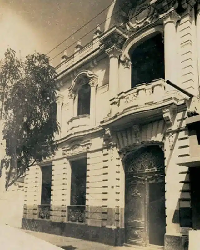 The historic facade of Baca House in Chiclayo, Peru, showcasing intricate architectural details and classical elements.