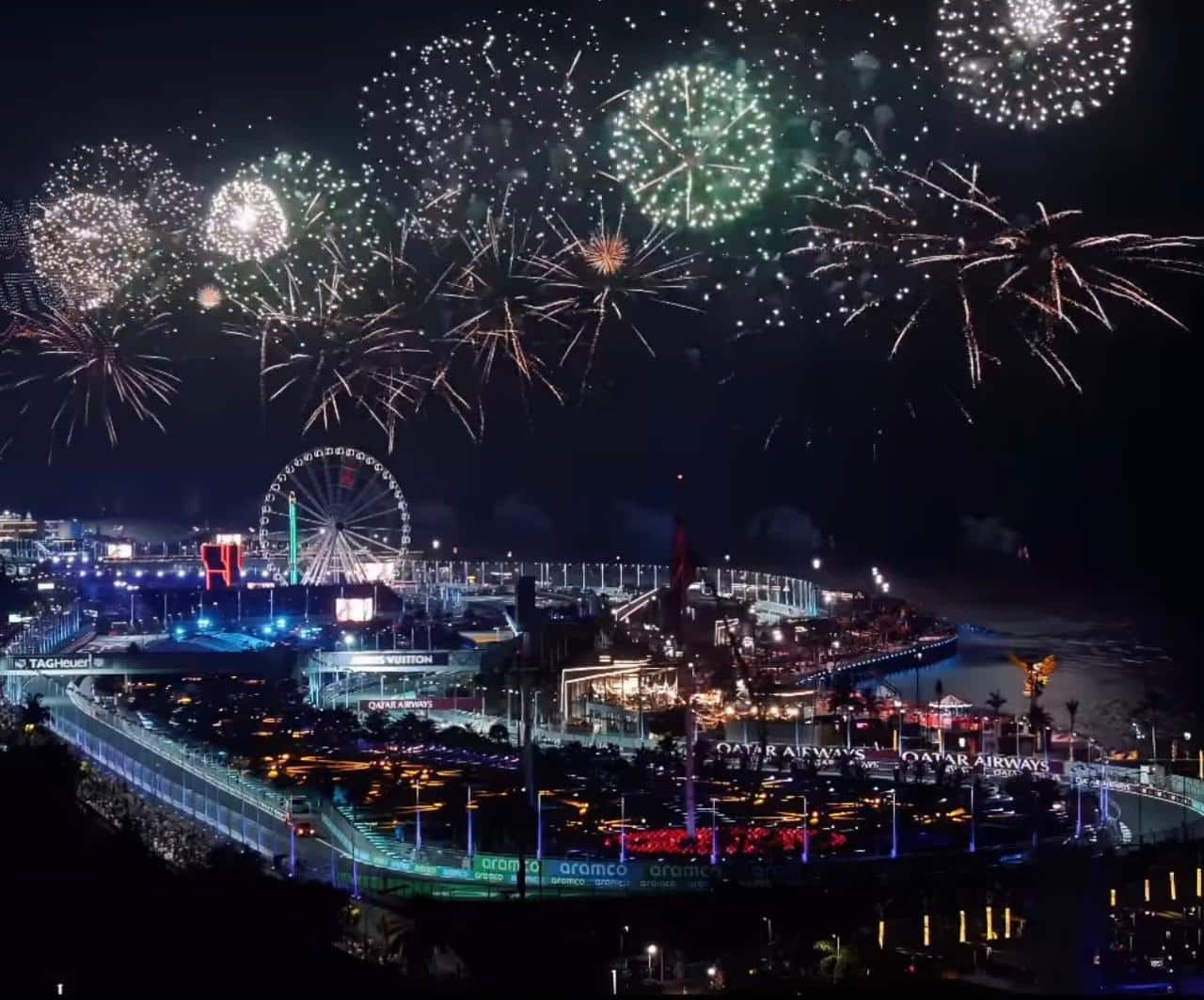 Spectacular fireworks light up the sky above Jeddah Corniche Circuit during the Formula 1 race.