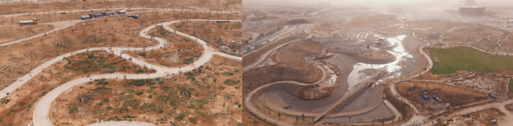Aerial view showcasing the progress at King Salman Park, featuring winding roads surrounding growing green spaces and shimmering water features.