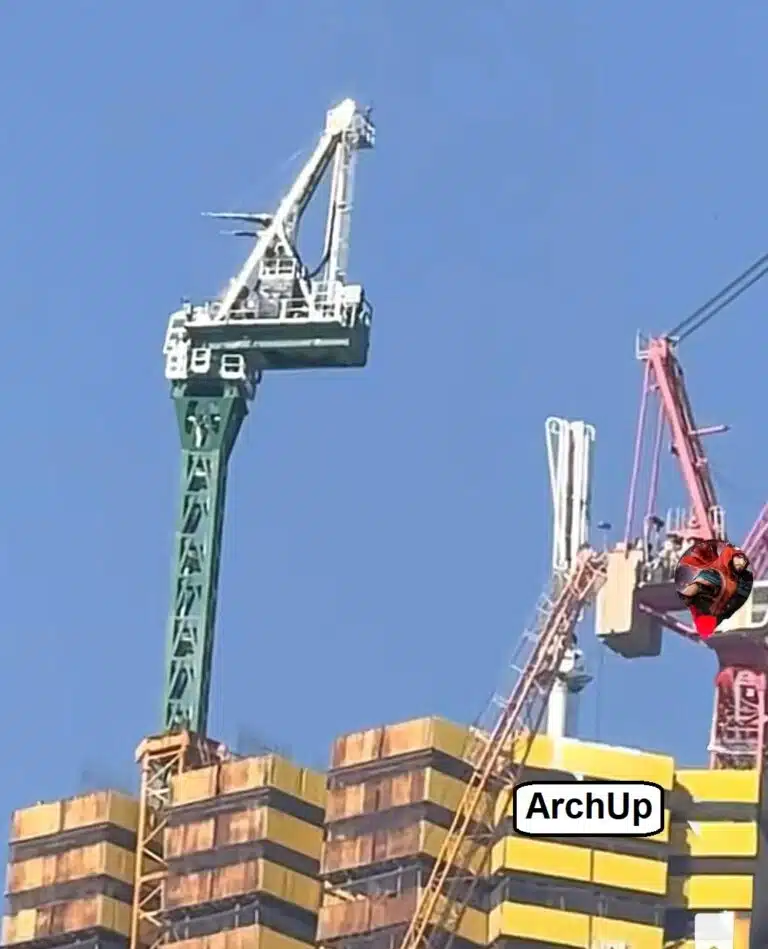 A massive new crane mounted on the central section of Jeddah Tower during construction.
