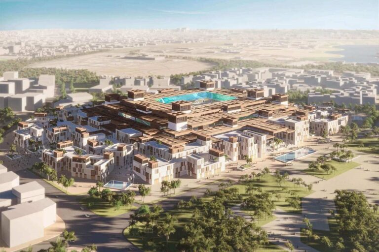 3D rendering of a large residential and commercial complex with extensive green spaces.