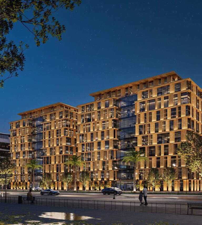 Architectural rendering of the Al-Ghadeer office building at night