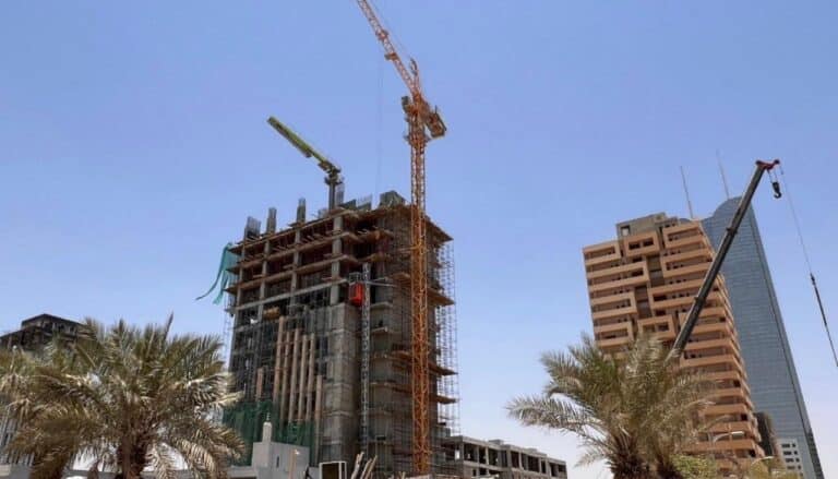 Construction progress of the new office tower in Al Sahafa on site view.