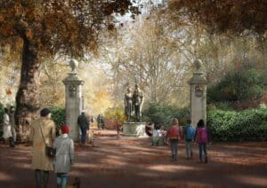 A rendering of St James's Park in London, showing visitors walking along a path covered with fallen leaves, surrounded by greenery and two symbolic statues at the entrance gate