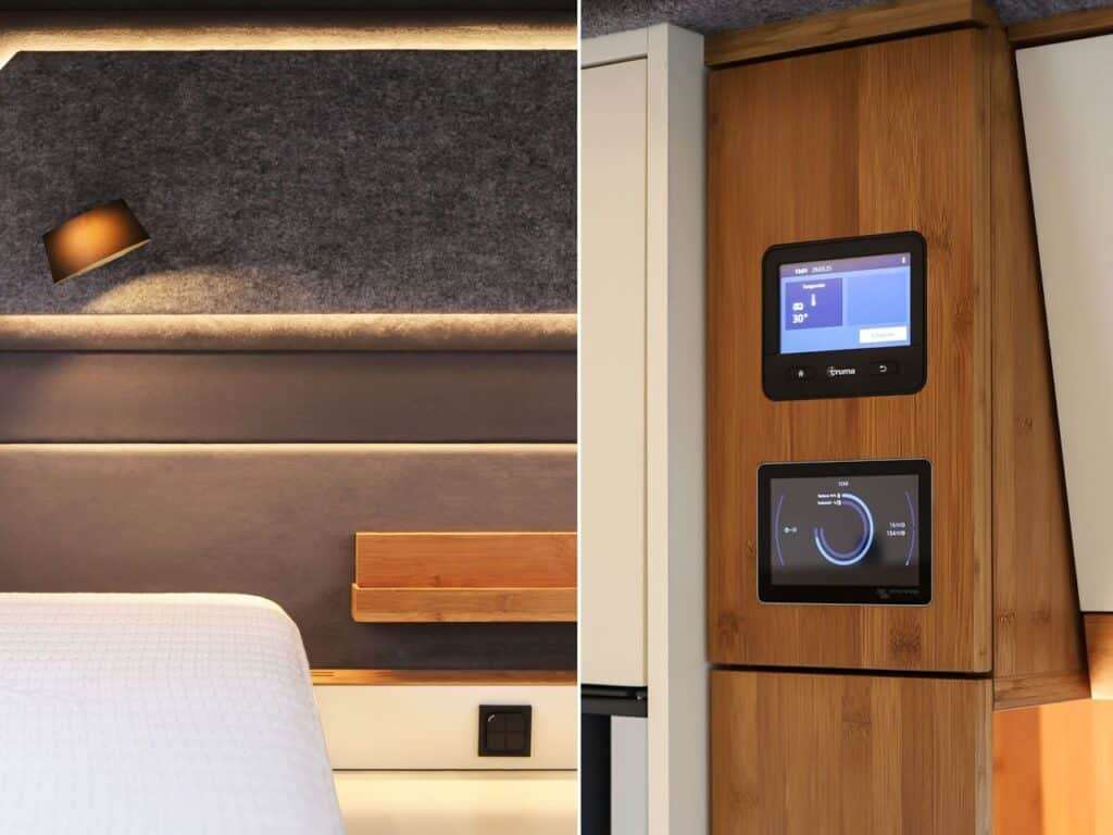 A bedroom inside the Torsus Liberra bus displaying smart control panels and warm ambient lighting, reflecting advanced technology and flexible design.