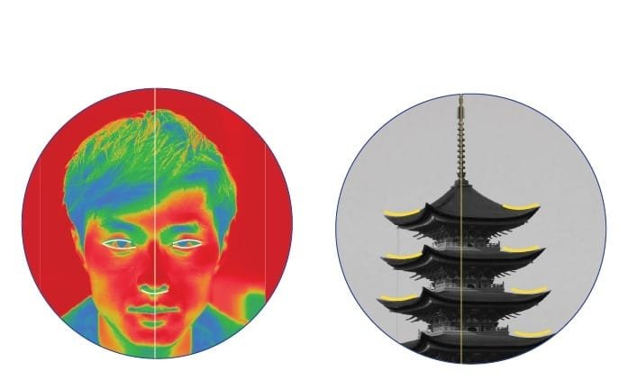 An image showing a Chinese face with thermal analysis, paired with an architectural image of a traditional multi-tiered tower, highlighting Chinese architectural tendencies.