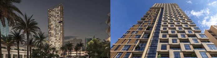 Two views of the tower: one showing the building illuminated at night, and the other showcasing the architectural details of the daytime facade.