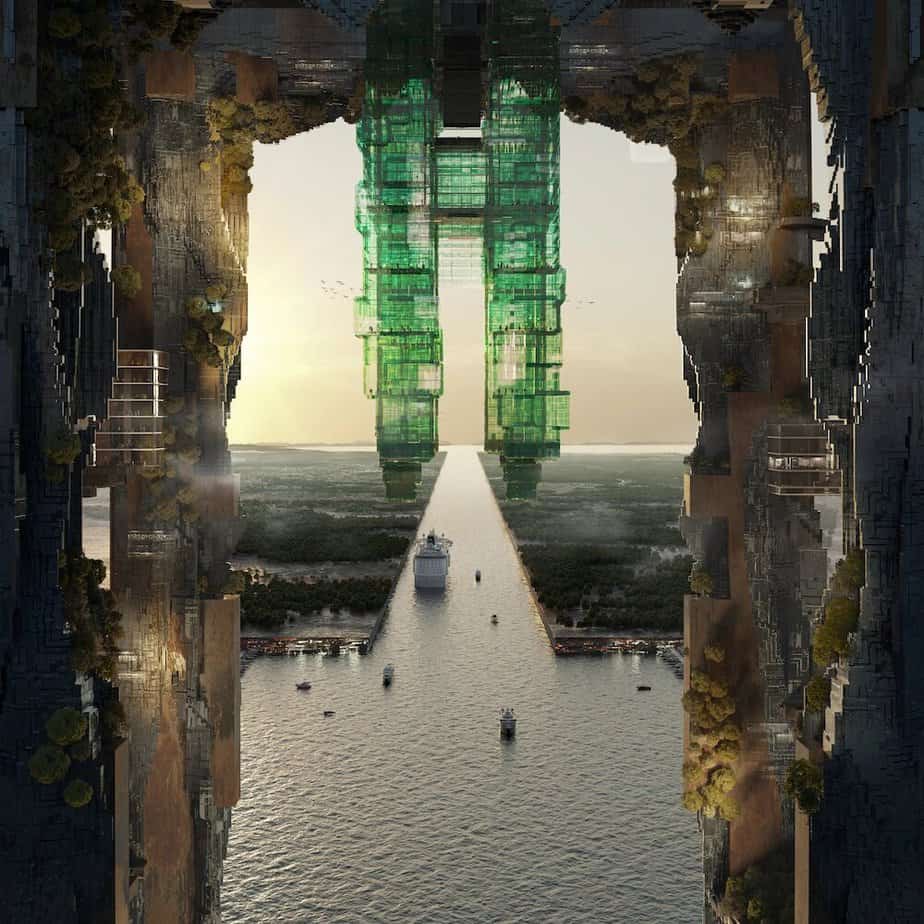 A futuristic cityscape featuring a towering glassy structure wrapped in green scaffolding, surrounded by massive buildings with lush greenery growing on their walls.