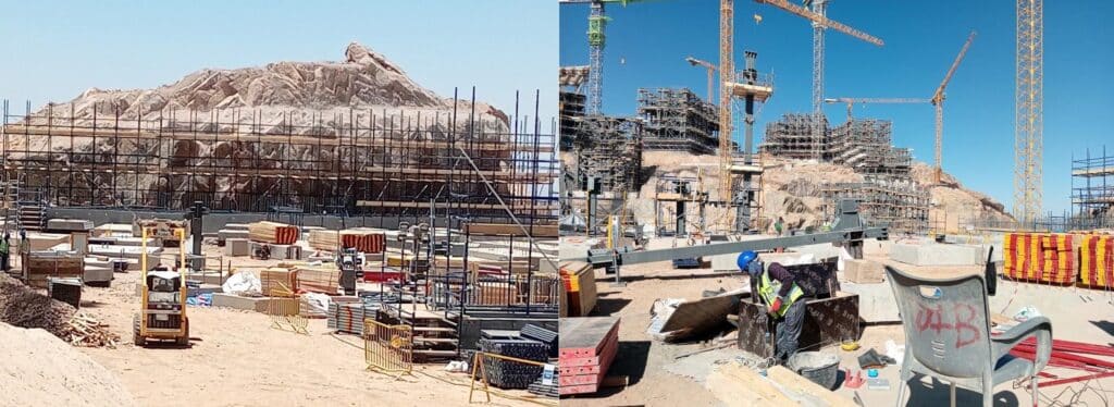 صورة لمنطقة العمل في المشروع، تُظهر الصخور الطبيعية التي تم الحفاظ عليها أثناء البناء، إلى جانب المعدات الثقيلة والمواد الإنشائية.