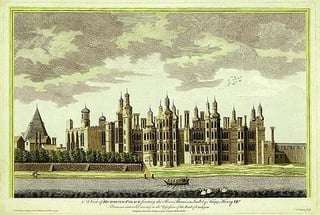 An old illustration depicting Richmond Palace from a distance, with a river surrounding it and tall towers reaching into the sky.