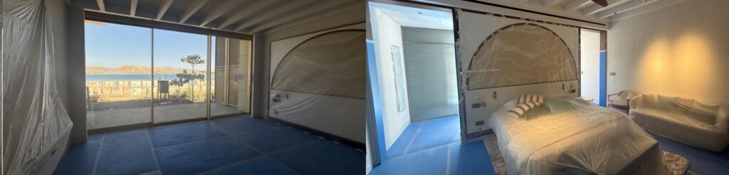 The exterior of a building under construction, featuring modern design elements with wooden accents and large windows.