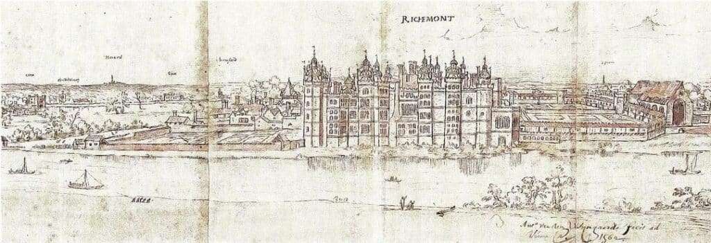 An old illustration depicting Richmond Palace from a wide-angle view, with a river surrounding it and tall towers reaching into the sky