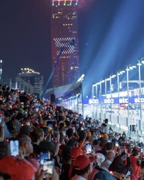 A massive crowd fills the grandstands to watch the Formula 1 event in Jeddah