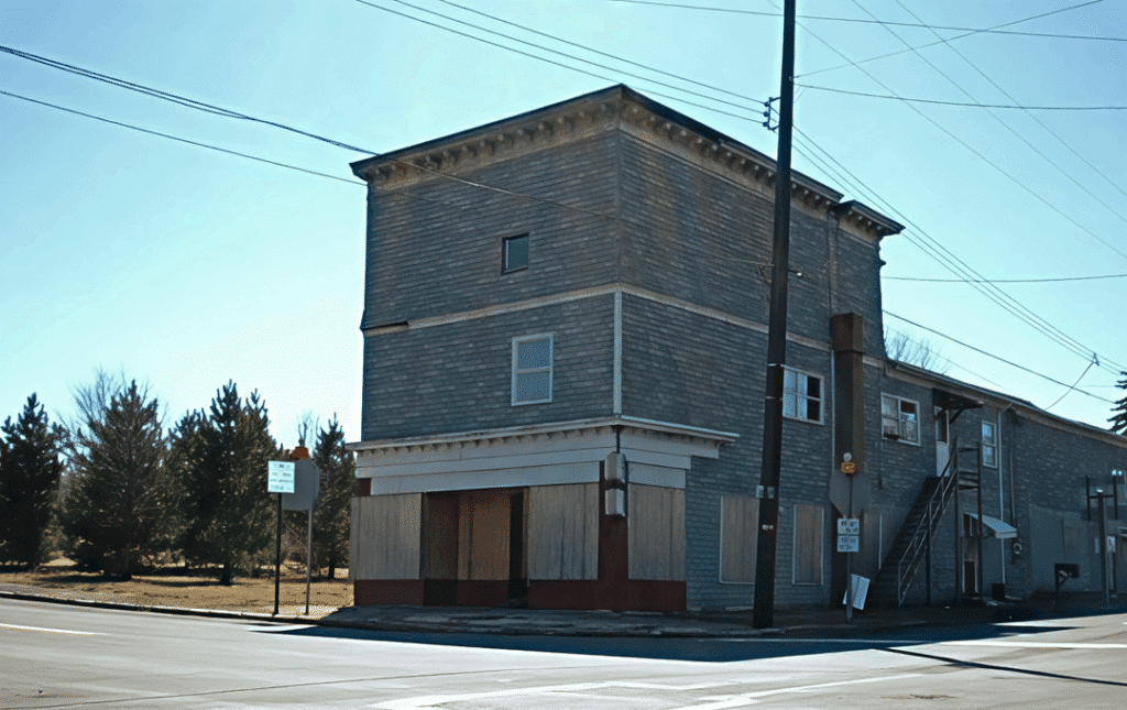 An old, seemingly abandoned building with light-colored wood panels and boarded-up windows. The structure is located on a street corner, surrounded by trees and utility poles.