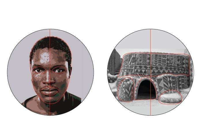 An image showing an asymmetrical African face, paired with a traditional African house that reflects similar asymmetrical design elements.