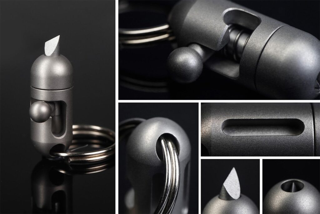 Close-up images of a compact titanium pocket cutter, showcasing its sharp blade, ergonomic design, and keychain attachment.