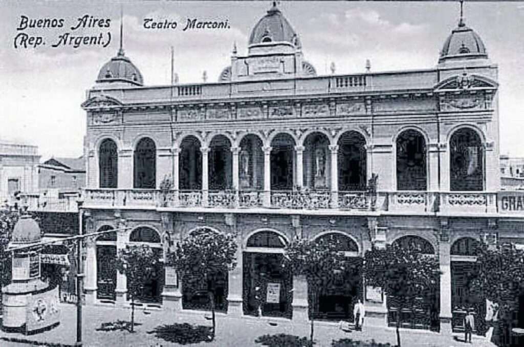 The Marconi Theatre before World War II, showcasing its intricate details and architectural craftsmanship.