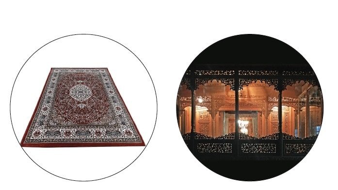 An image showing a Kashmiri floral carpet next to a wooden architectural facade with intricate detailing and floral ornamentation.