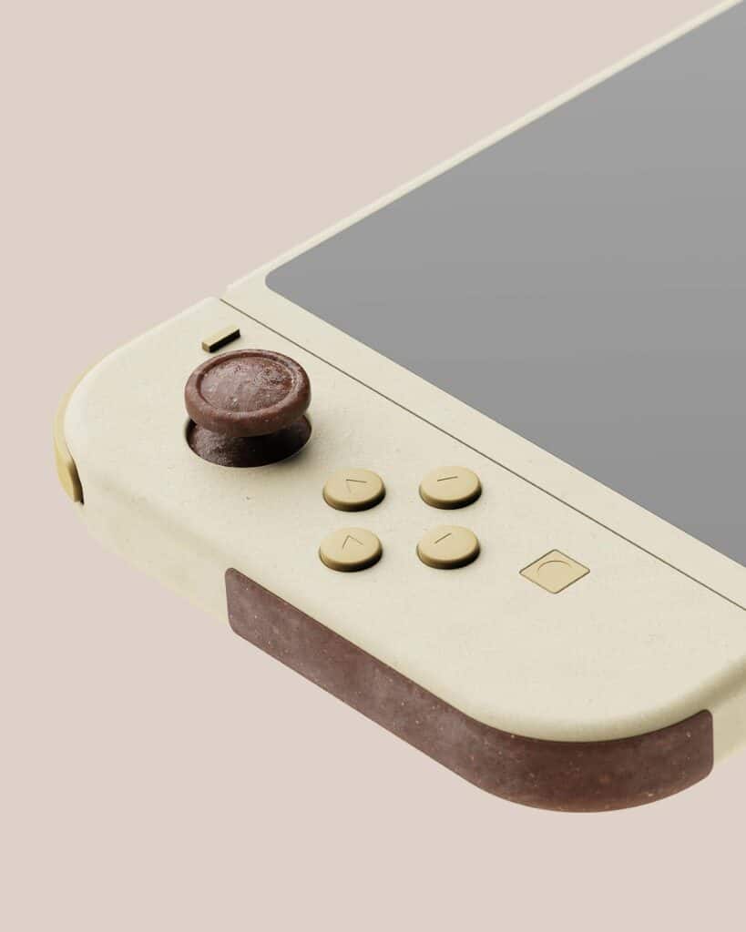 وحدة تحكم لجهاز Nintendo Switch مصنوعة من مواد طبيعية، تتميز بأزرار وأجزاء مصنوعة من ألياف جوز الهند.