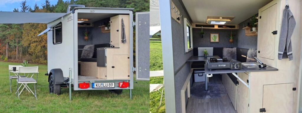 A compact and sturdy Lutz Minicamper trailer, shown from the outside as a practical small trailer, and from the inside offering a cozy interior with innovative furniture that balances comfort and organization.