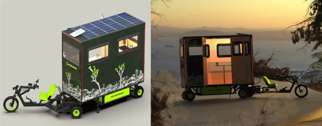 A compact camping trailer integrated onto a three-wheeled electric trike, featuring solar panels on the roof and a cozy interior with windows offering scenic views.