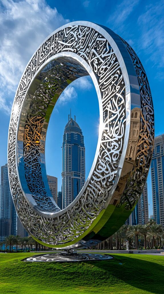 صورة نهارية لمتحف المستقبل في دبي، مبنى حلقي من الفولاذ المزين بخط عربي أنيق، يقف على تل أخضر مع ناطحات سحاب حديثة في الخلفية تحت سماء زرقاء مشمسة.