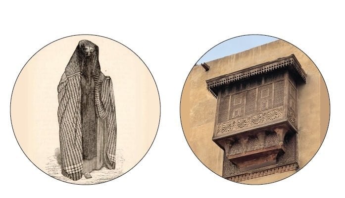 An image showing a person wearing traditional Arabic clothing, paired with an image of a traditional Arabic balcony known as a mashrabiya, featuring intricate details and floral ornamentation. The photo highlights the cultural connection between traditional clothing and architecture.