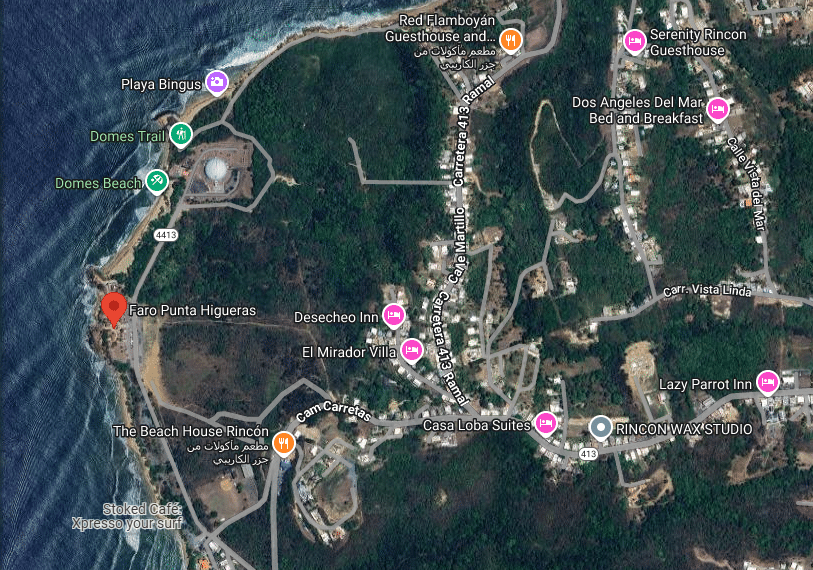 A map showing the location of Punta Higüero Lighthouse in Rincón, Puerto Rico, with markers for nearby tourist sites and accommodations.