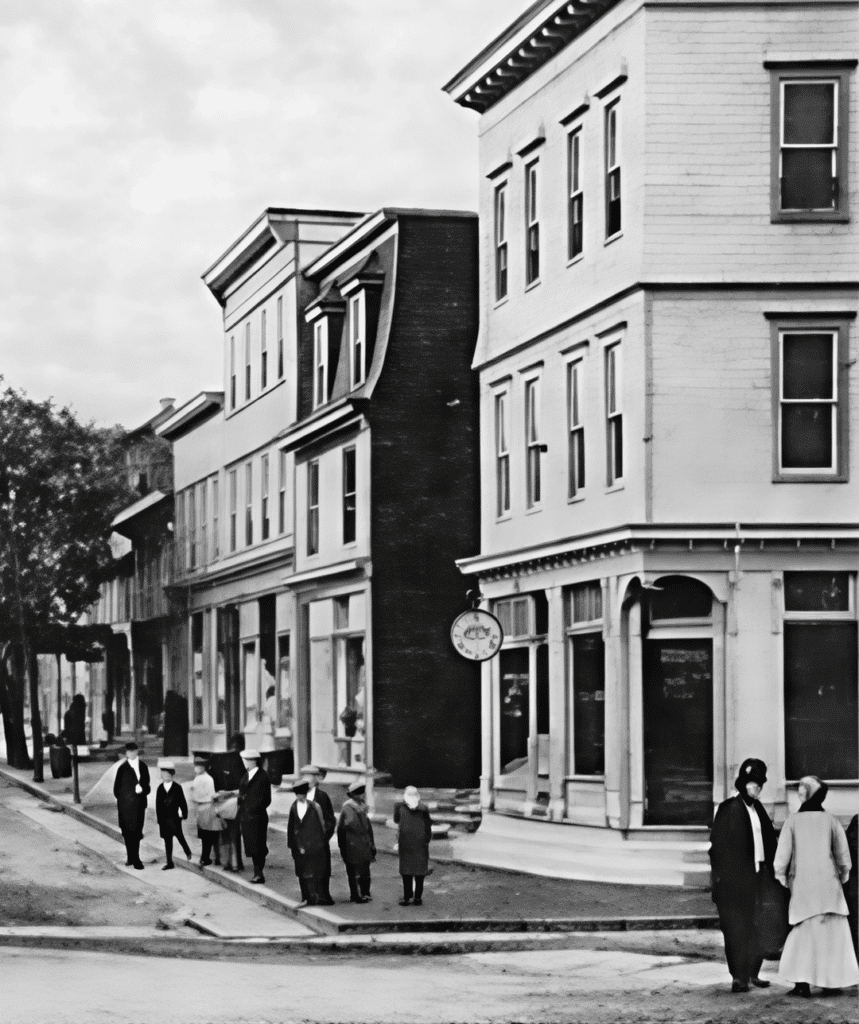 A black-and-white image depicting a busy street in Centralia, with people walking and standing in front of old, historic-looking buildings