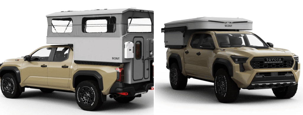 A white pickup truck equipped with a rooftop camper trailer, featuring a practical design that combines durability and comfort. The integrated setup on a Toyota truck offers long, comfortable journeys in remote areas.