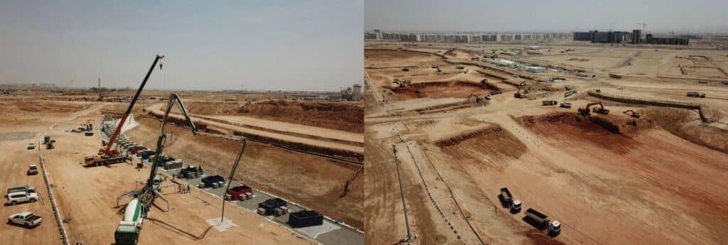 Heavy machinery working on constructing the canal wall and completing excavation during the first phase of the Marafy project in Riyadh.