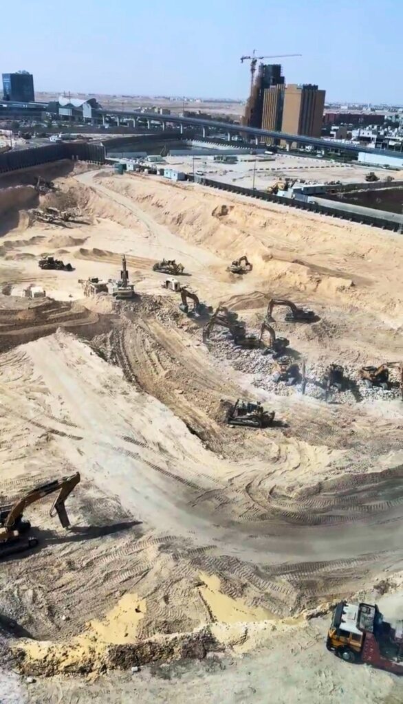 Diggers and construction machinery at work on the Kings Square project site, preparing the ground for construction.