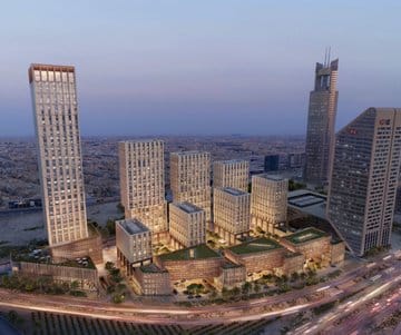 تصميم ثلاثي الأبعاد لمشروع كينغز سكوير بعد الانتهاء من البناء، يظهر الأبراج العالية والأبنية المحيطة.