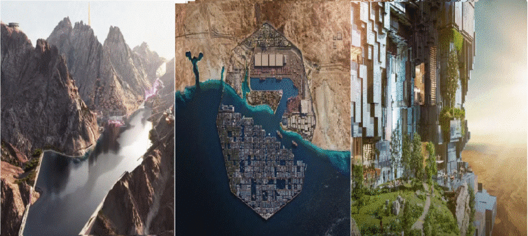 A collage of futuristic views of NEOM, showcasing innovative architectural designs that blend nature with advanced technologies.