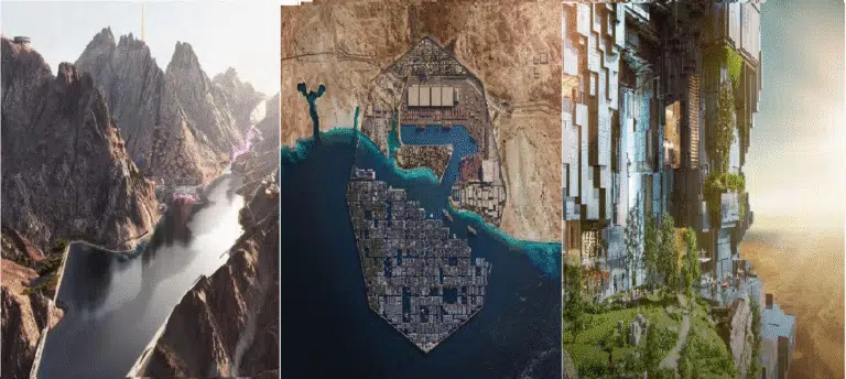 A collage of futuristic views of NEOM, showcasing innovative architectural designs that blend nature with advanced technologies.