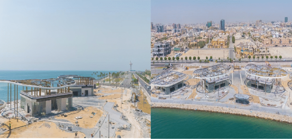 Aerial shot of the Bayfront site in Al Khobar, showing the layout of commercial units by the waterfront.