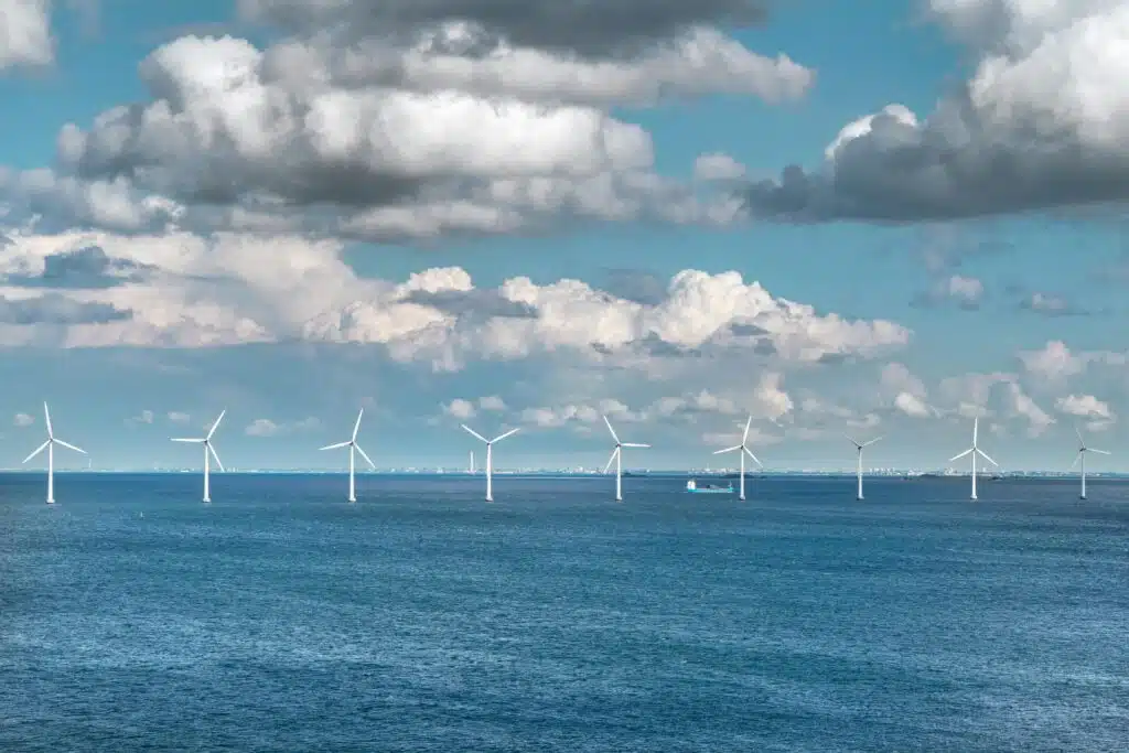 Large wind turbines in the Empire Wind 1 renewable energy project.