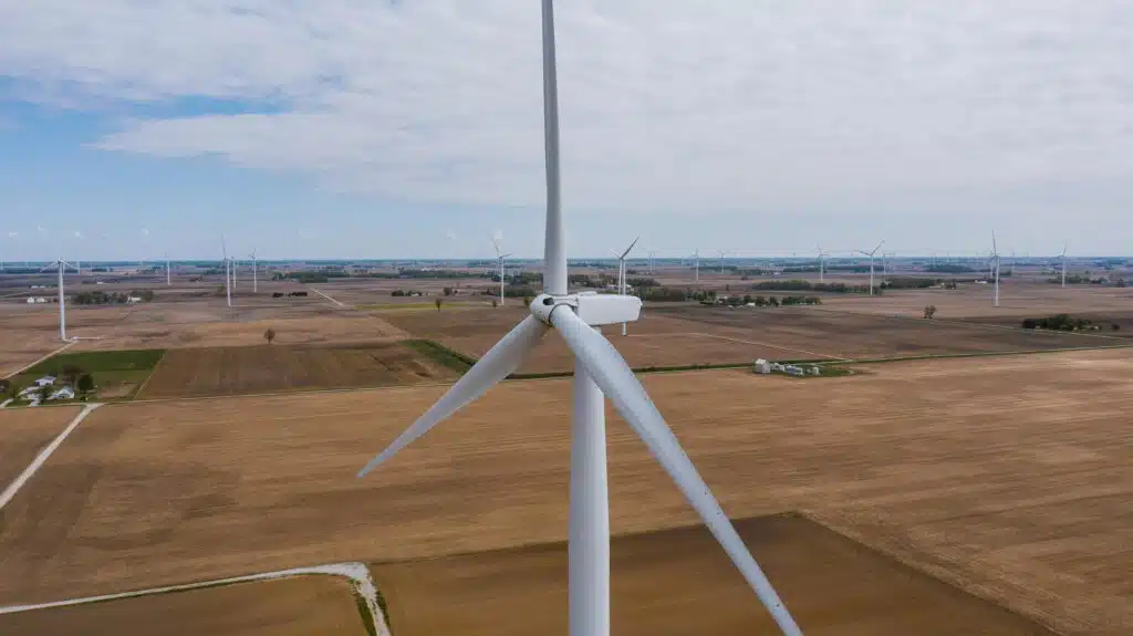 A close-up shot of offshore wind turbine blades being installed in the Empire Wind 1 project.
