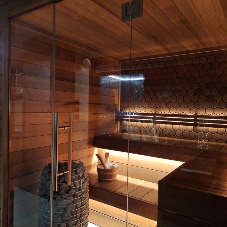 High-end wood panels with black finish in a modern sauna room.
