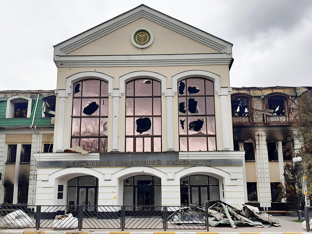 A damaged building at Irpin&rsquo;s State Tax University