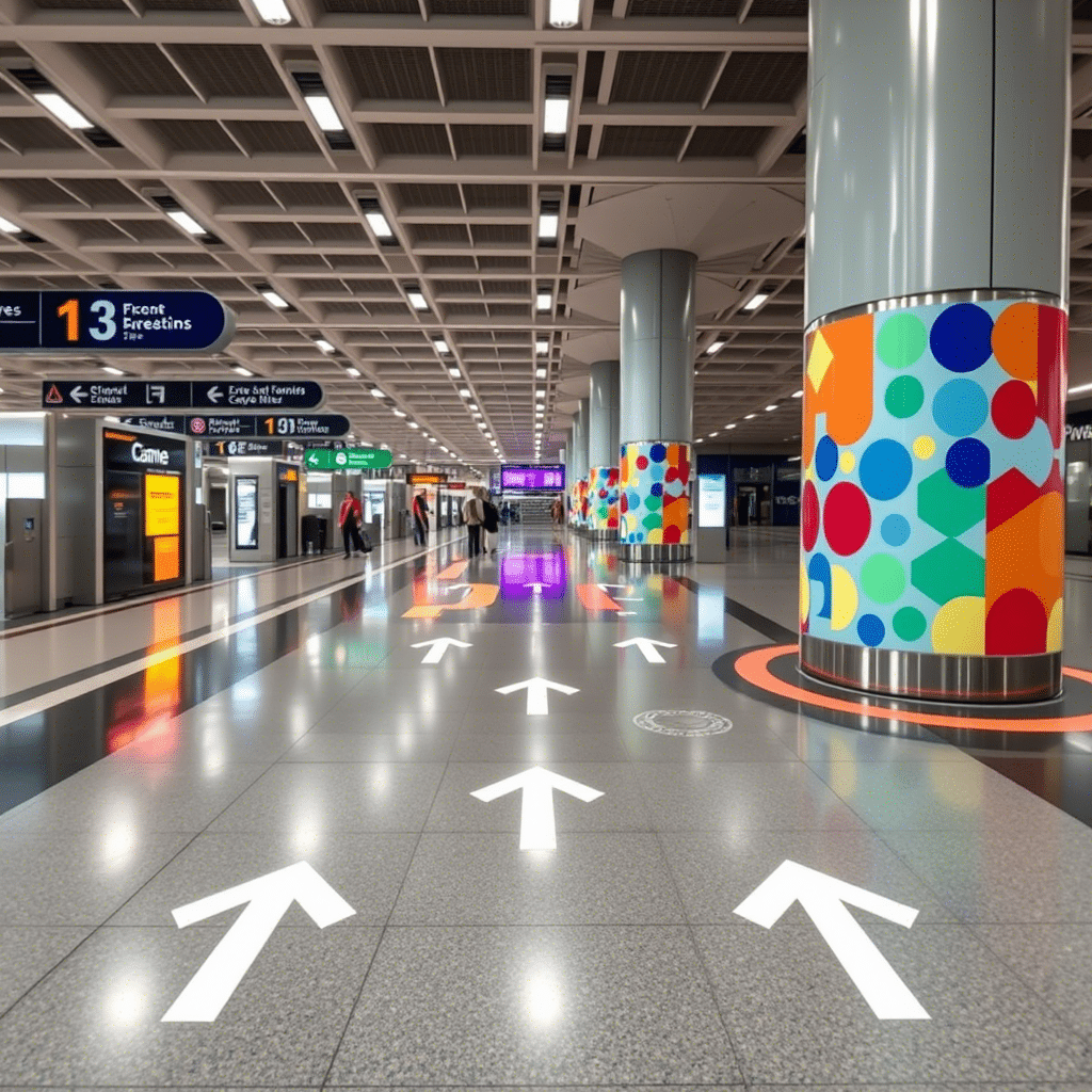 Interior design of a metro station blending functionality and aesthetics, with brightly colored pillars and large directional arrows on the floor to assist travelers in navigating efficiently