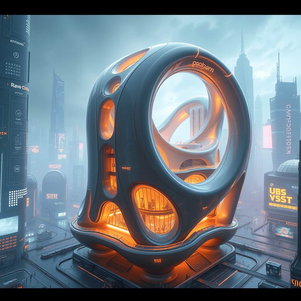 Innovative architectural design of a circular tower with transparent windows showcasing warm interior lighting, surrounded by modern buildings with colorful lights in a thriving city backdrop