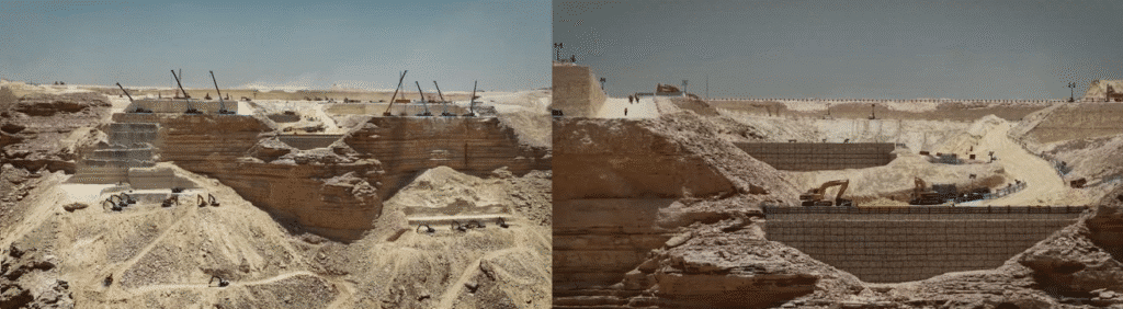 صورة تُظهر موقع تحت الإنشاء في مدينة قيديدية، حيث يتم تنفيذ أعمال هندسية ضخمة تتضمن تسوية التضاريس وبناء جدران حماية من الطين. الموقع يعكس التحول السريع للمدينة مع وجود معدات ثقيلة تعمل بشكل مستمر لدعم المشاريع الكبرى التي تهدف إلى تحقيق رؤية مستقبلية.