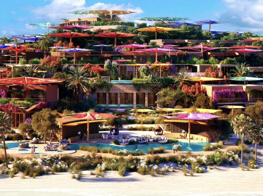 A vibrant and colorful outdoor area of a luxury resort, featuring tiered levels with rainbow-hued canopies, lush greenery, and a serene pool surrounded by blooming flowers. The architecture is inspired by coral formations, with organic shapes and soft curves, creating a harmonious blend with the natural environment.