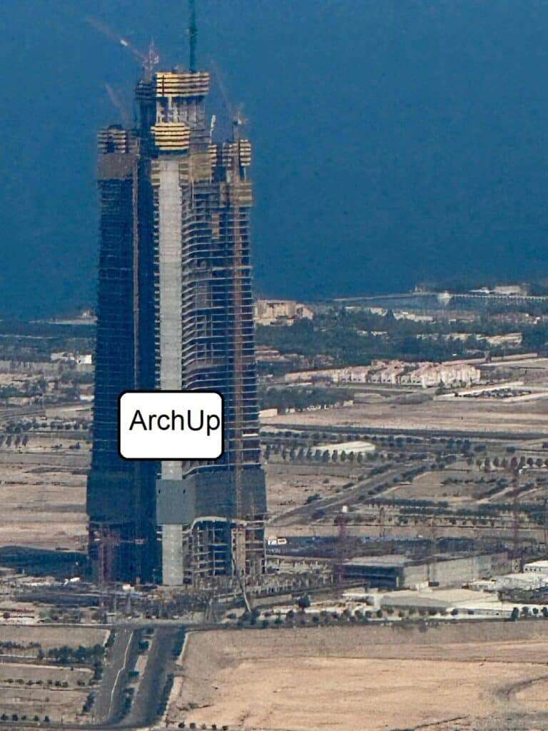 The Jeddah Tower under construction, reaching impressive heights with ongoing structural work.