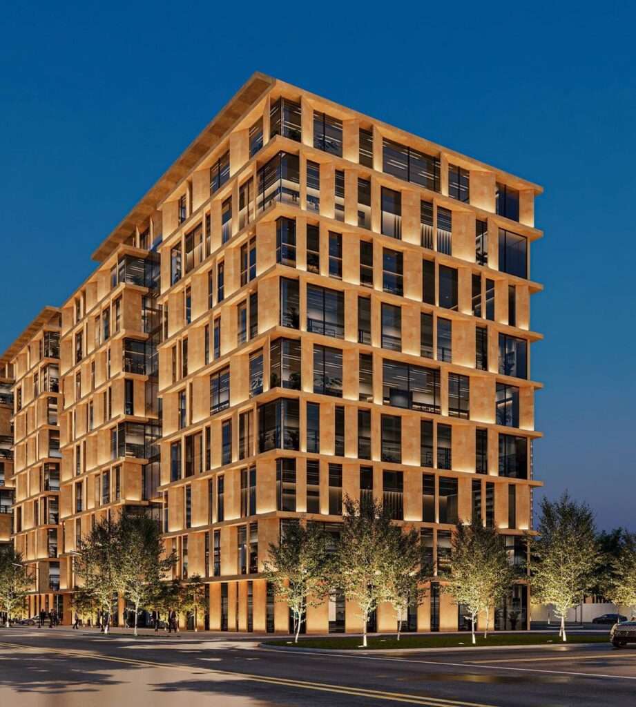 Architectural rendering of the Al-Ghadeer office building at night