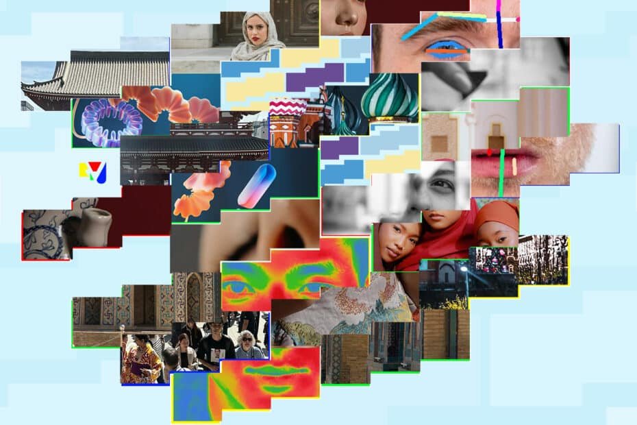 Archigenetics An image illustrating the connection between human facial features and architectural elements. It shows parts of the face, such as the nose and jawline, alongside architectural features like windows and columns, with arrows indicating a match in proportions or curves.