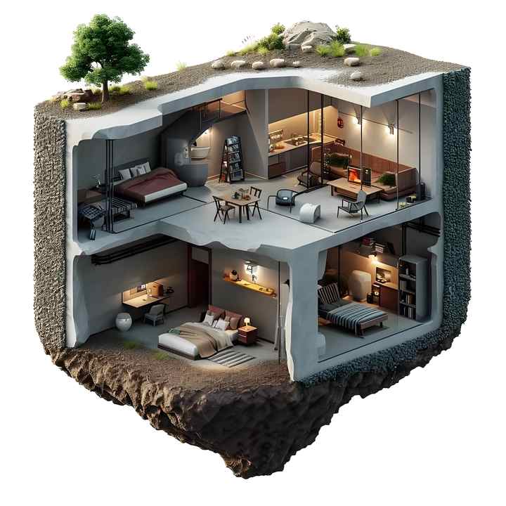 تصميم ثلاثي الأبعاد لمقطع من ملجأ منزلي نووي يقع تحت الأرض، يظهر غرفًا داخلية مجهزة بأثاث وأدوات للراحة والعمل، مع سطح أرضي طبيعي يضم نباتات وحجارة.