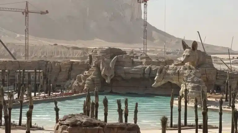 A stunning view of the Aquarabia water park in Qiddiya, blending natural designs with desert landscapes.