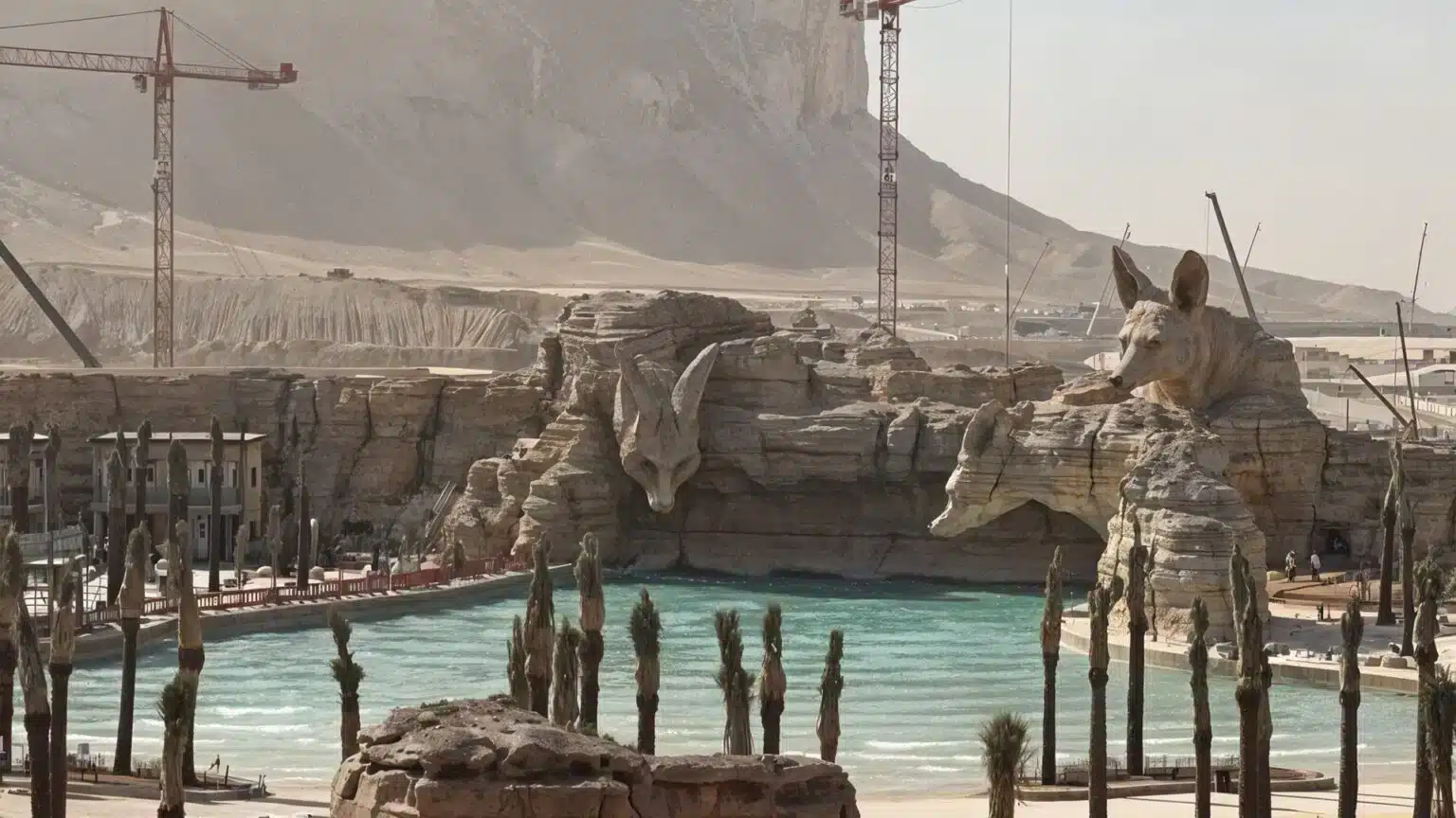 A stunning view of the Aquarabia water park in Qiddiya, blending natural designs with desert landscapes.